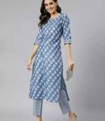 blue cottonprinted kurta with pant
