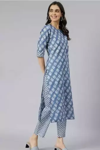 blue cottonprinted kurta with pant