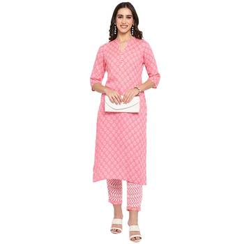 Pink floral cotton printed a line  kurta with pant 1