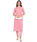 Pink floral cotton printed a line  kurta with pant