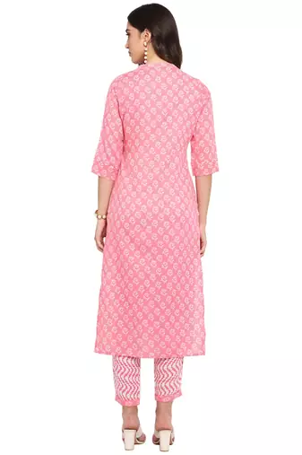 Pink floral cotton printed a line  kurta with pant
