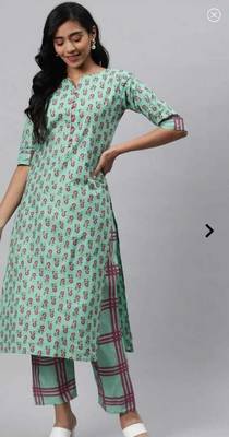 Aqua blue  floral cotton printed a line  kurta with pant 1