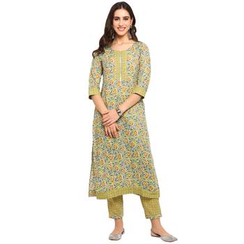 Green floral cotton printed a line  kurta with pant 1