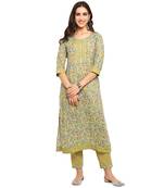 Green floral cotton printed a line  kurta with pant