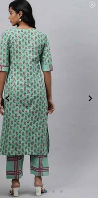 Aqua blue  floral cotton printed a line  kurta with pant 2