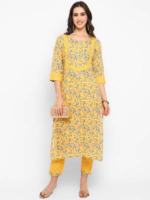 Yellow floral cotton printed a line  kurta with pant 1