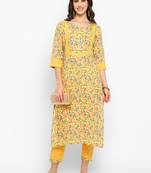 Yellow floral cotton printed a line  kurta with pant