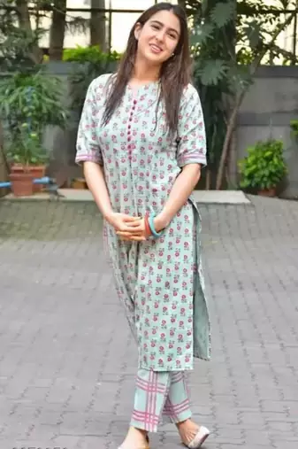 Aqua blue  floral cotton printed a line  kurta with pant