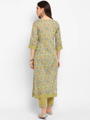 Green floral cotton printed a line  kurta with pant 2
