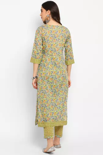 Green floral cotton printed a line  kurta with pant