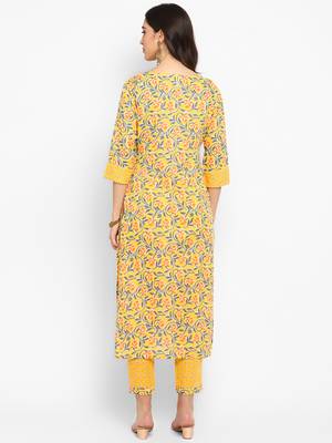 Yellow floral cotton printed a line  kurta with pant 2