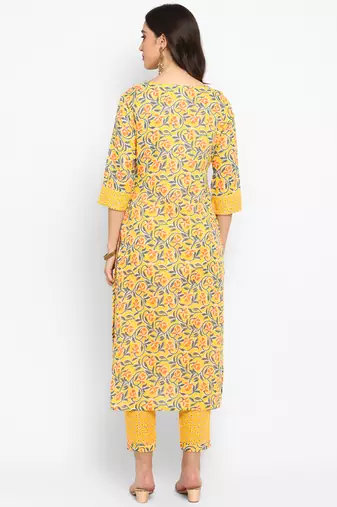 Yellow floral cotton printed a line  kurta with pant