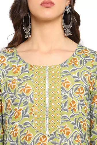 Green floral cotton printed a line  kurta with pant