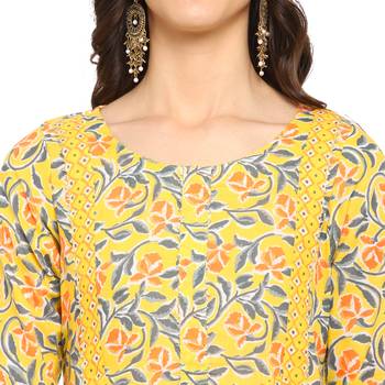 Yellow floral cotton printed a line  kurta with pant 3