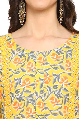Yellow floral cotton printed a line  kurta with pant
