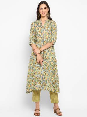 Green floral cotton printed a line  kurta with pant 1