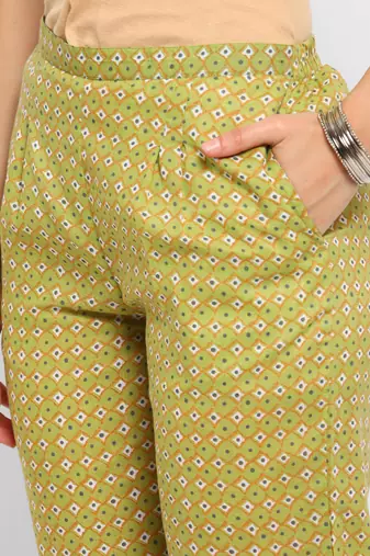 Green floral cotton printed a line  kurta with pant