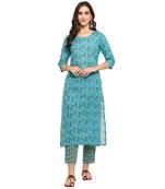 Blue floral cotton printed kurta with pant