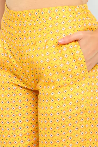 Yellow floral cotton printed a line  kurta with pant