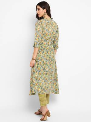 Green floral cotton printed a line  kurta with pant 2