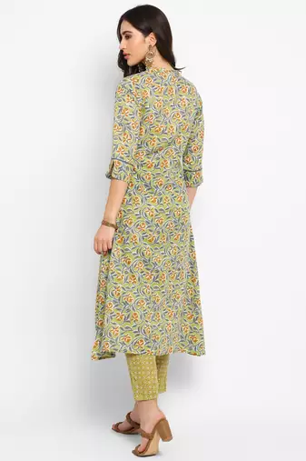 Green floral cotton printed a line  kurta with pant