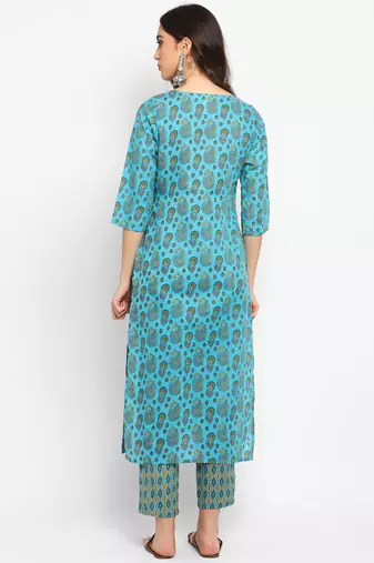 Blue floral cotton printed kurta with pant