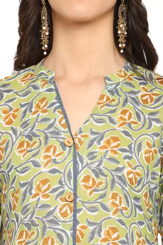 Green floral cotton printed a line  kurta with pant