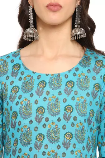 Blue floral cotton printed kurta with pant