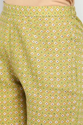 Green floral cotton printed a line  kurta with pant