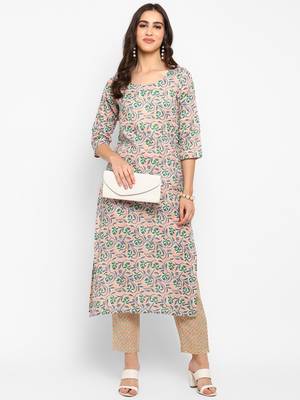 Peach floral cotton printed kurta with pant 1
