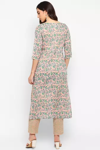 Peach floral cotton printed kurta with pant