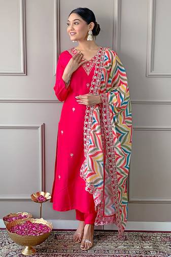 Red Women Embroidered Viscose Kurta Pant and Dupatta set