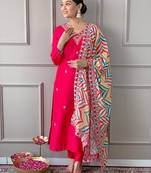 Red Women Embroidered Viscose Kurta Pant and Dupatta set