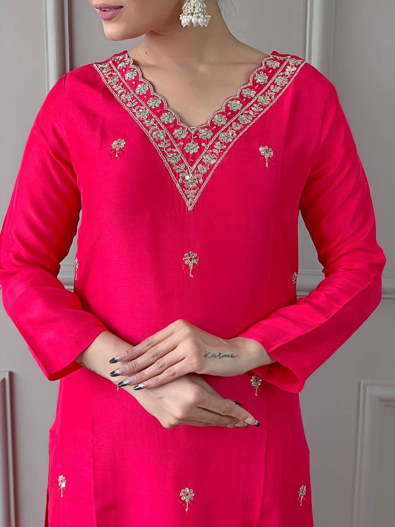 Red Women Embroidered Viscose Kurta Pant and Dupatta set