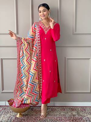 Red Women Embroidered Viscose Kurta Pant and Dupatta set 3