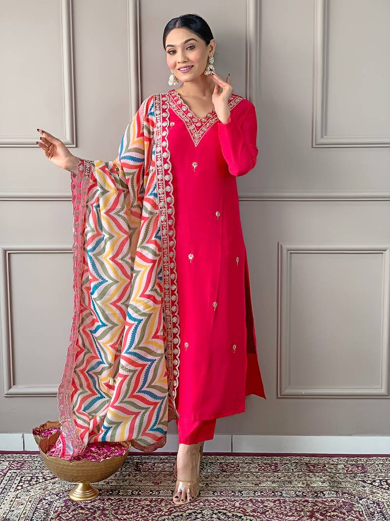 Red Women Embroidered Viscose Kurta Pant and Dupatta set