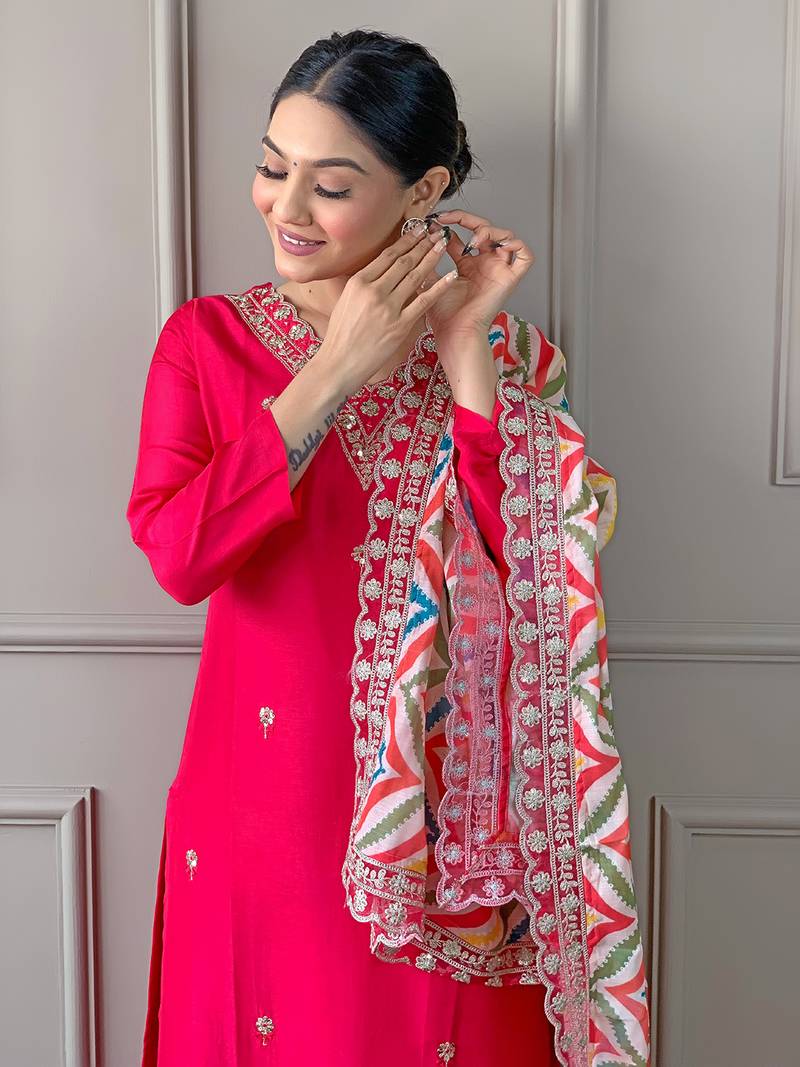 Red Women Embroidered Viscose Kurta Pant and Dupatta set