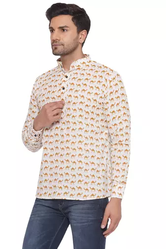 sanganeri printed short kurta for men (white)
