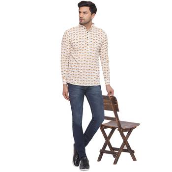 sanganeri printed short kurta for men (white) 5