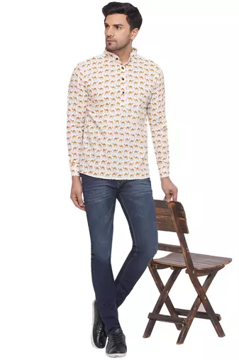 sanganeri printed short kurta for men (white)