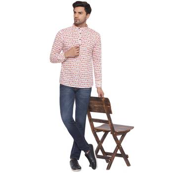 Veera paridhaan sanganeri printed short kurta for men (white) 5