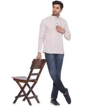 Veera paridhaan sanganeri printed short kurta for men (white) 5