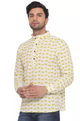 sanganeri printed short kurta for men (white)