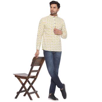 sanganeri printed short kurta for men (white) 5