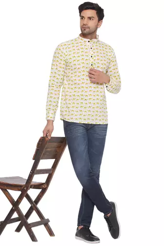 sanganeri printed short kurta for men (white)