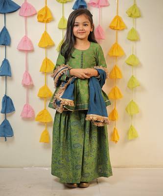 Green block printed kurta with sharara and dupatta set. 1