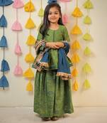 Green block printed kurta with sharara and dupatta set.