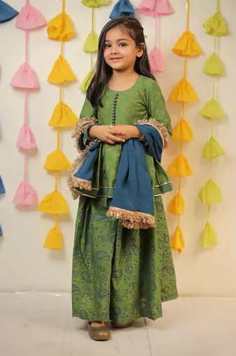 Green block printed kurta with sharara and dupatta set.