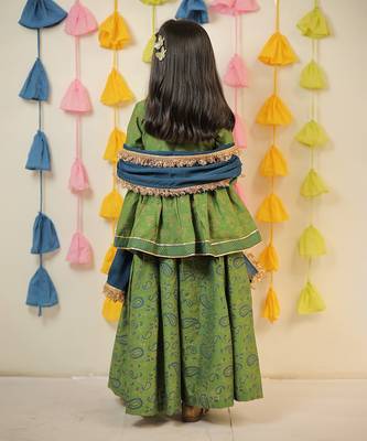 Green block printed kurta with sharara and dupatta set. 3