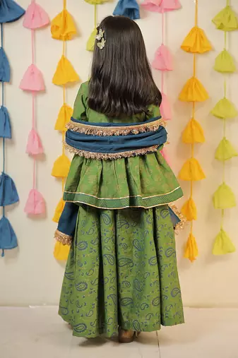 Green block printed kurta with sharara and dupatta set.